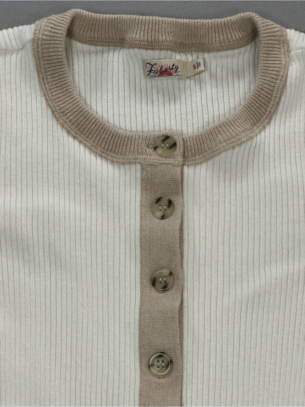 Faherty Mikki Henley Ribbed Sweater w/ Neutral Colorblocking - Fits XS (Label S) - Picture 7 of 15